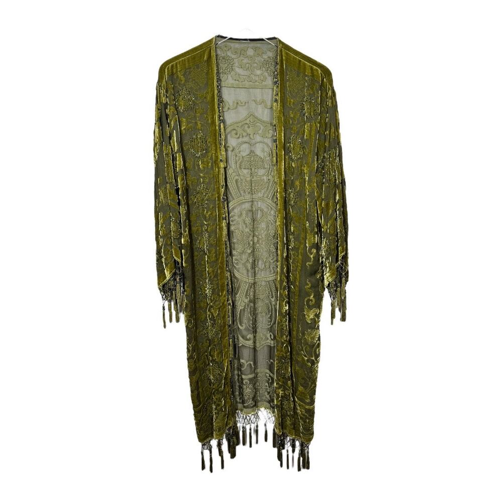 Velvet Burnout Floral Beaded Embellished Long Kimono One Size Boho Hippie Luxe